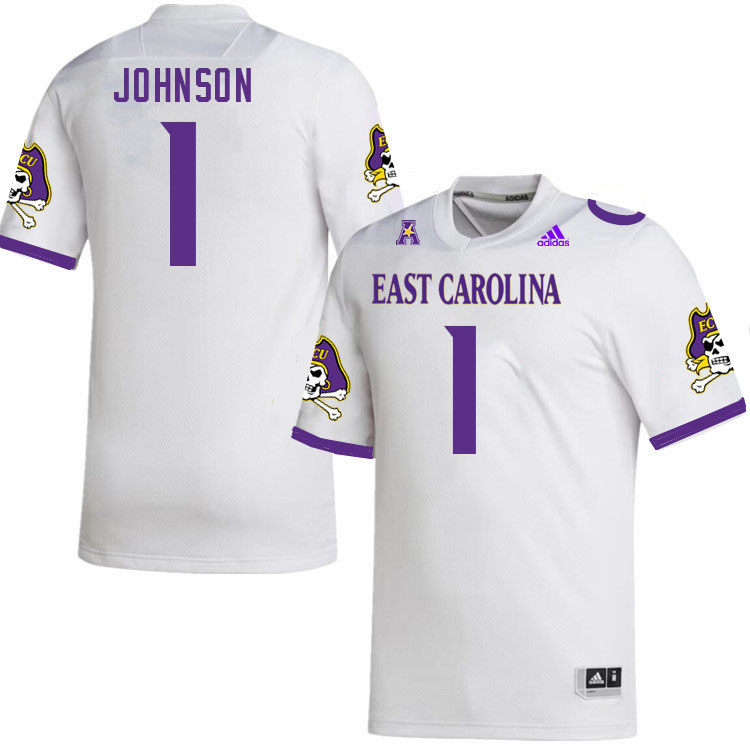 Men #1 Jaylen Johnson ECU Pirates 2023 College Football Jerseys Stitched-White - Click Image to Close